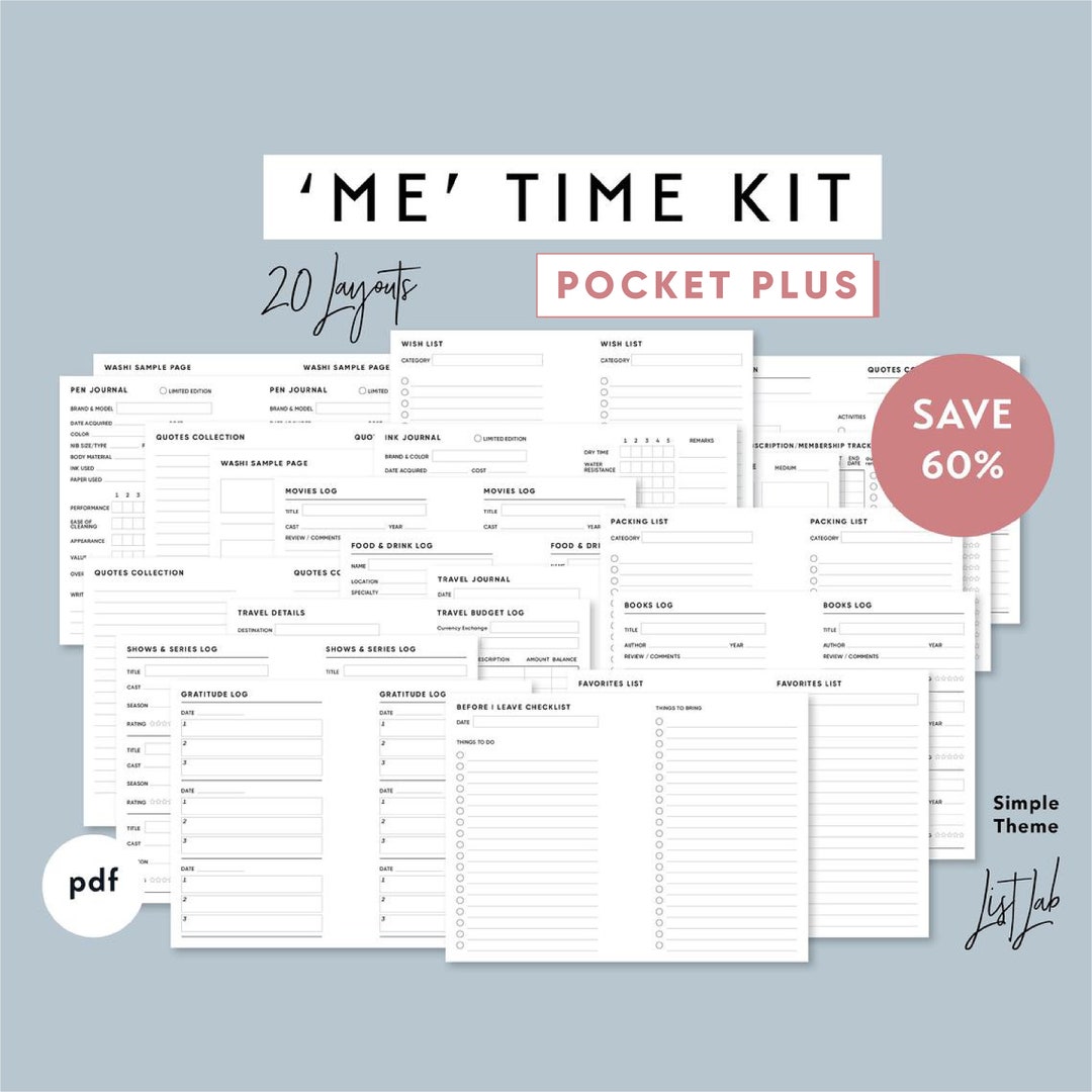 Prinatable Plus Pocket PLUS Size ME TIME Kit | Printable Minimalist Ring Planner ...
