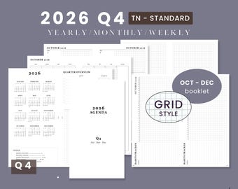 Standard TN Q4 2026 October to December Pre-arranged Printable Notebook - Weekly Wo2P Traveler's Notebook Predated Booklet - GRID Style