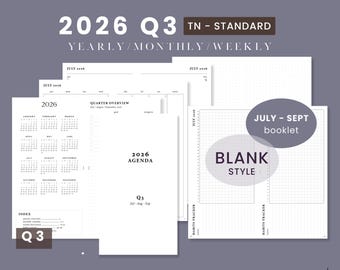 Standard TN Q3 July to September 2026 Printable Bundle - Weekly Wo2P Horizontal | Traveler's Notebook Predated Booklet