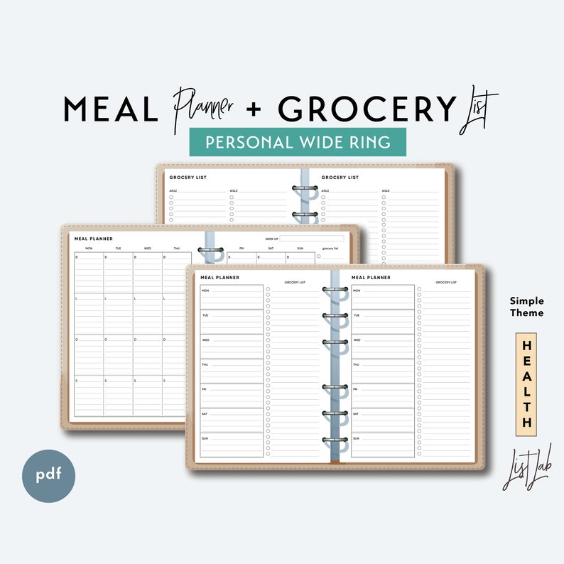 Personal Wide MEAL PLANNER and GROCERY List - Printable Ring Planner ...