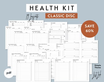 Klassisches Discbound-Gesundheitsset | Druckbares, minimalistisches Discbound-Einlagenset | Schlicht – 19 Layouts, Ernährungsplaner, Ernährungs- und Bewegungstagebuch, medizinische Protokolle