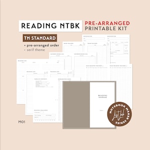 May include: A printable reading notebook kit with a serif theme. The kit includes pages for book tracking, reading lists, favorite books, daily reading logs, book reviews, a table of contents, and a book review index. The kit is pre-arranged in a standard TN size.