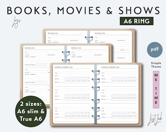 A6 Ring Books Movies Shows Logs Set - Printable Ring Planner Insert PDF - Simple Theme