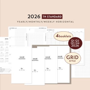 May include: A collection of 2026 agenda booklets with a grid style, including yearly, monthly, and weekly horizontal layouts. The booklets are labeled Q1, Q2, Q3, and Q4. The text "2026 TN STANDARD" is displayed at the top.
