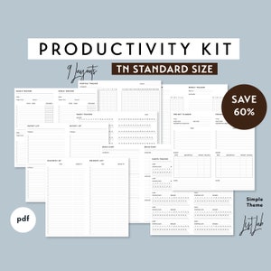 Puede incluir: Un kit de productividad con 9 diseños imprimibles diferentes para el seguimiento de objetivos, la planificación de proyectos, el seguimiento de hábitos y mucho más. El kit está diseñado para su uso con un planificador de tamaño estándar TN y presenta un diseño simple en blanco y negro.