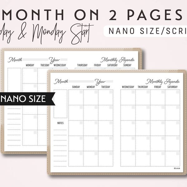 NANO Size TN Month on 2 Pages - Sunday Start and Monday Start - Printable Traveler's Notebook Insert - Script Theme