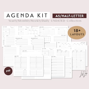 May include: A collection of 18+ printable agenda pages in A5 or half-letter size. The pages are undated and include yearly, monthly, weekly, and daily layouts. The pages are black and white and have a minimalist design. The text "AGENDA KIT" and "Yearly|Monthly|Weekly|Daily UNDATED Collection" is at the top of the image. The text "18+ LAYOUTS" is in a brown circle at the top right of the image. The text "pdf" is at the bottom left of the image.