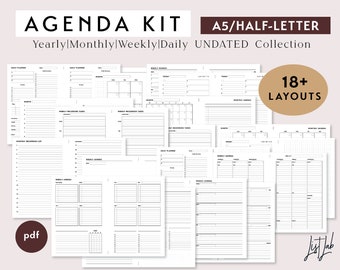A5 Half-Letter AGENDA KIT  | Printable Minimalist Planner Inserts Set | pdf | Simple - 18+ layouts | Yearly, Monthly, Weekly, Daily Planner