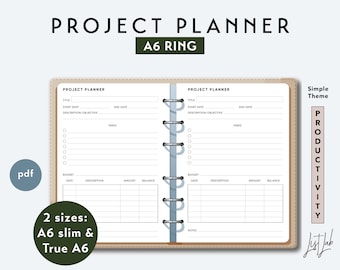 A6 PROJECT PLANNER - Printable Ring Planner Insert PDF - Simple Theme