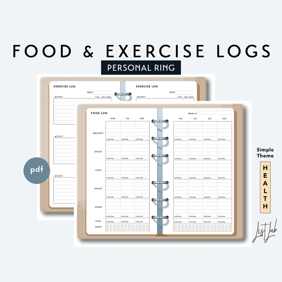 Personal Size FOOD and EXERCISE Logs - Printable Ring Planner Insert ...