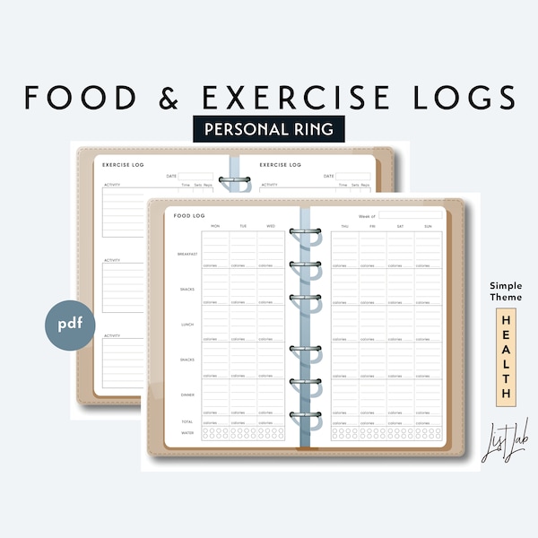 Personal Size FOOD and EXERCISE Logs  - Printable Ring Planner Insert pdf - Simple Theme