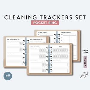 May include: A set of printable cleaning trackers for a pocket ring binder. The trackers include a deep cleaning tracker, a daily cleaning tracker, a weekly cleaning tracker, a monthly cleaning tracker, and a cleaning schedule. The trackers are designed in a simple theme with a brown background and white text.