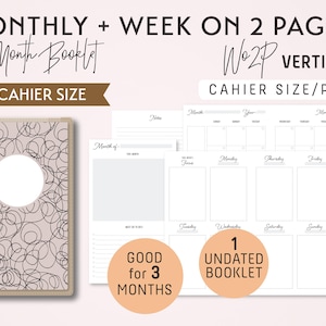 CAHIER Monthly-Weekly Vertical Unlined on 2 Pages Printable Booklet Insert - Good for 3 Months