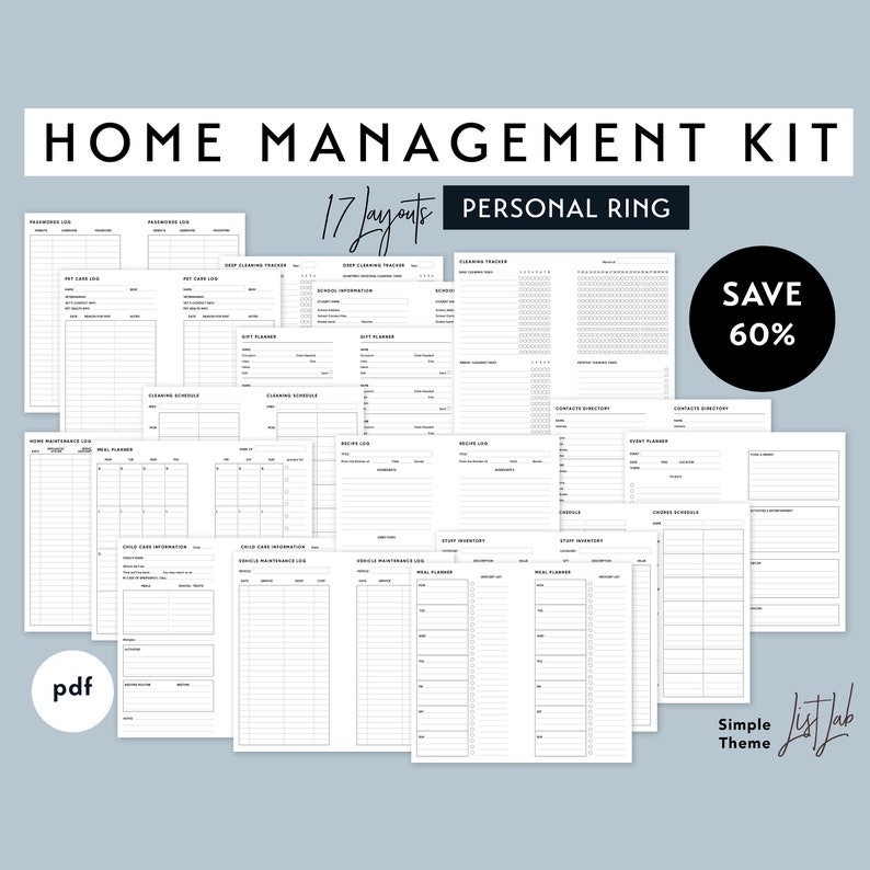 Personal Size HOME MANAGEMENT KIT for Ring Planner Printable pdf Simple Theme 17 layouts image 1