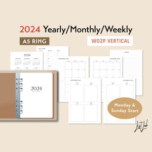 A5 Ring 2024 Yearly Monthly Weekly VERTICAL Printable Planner Insert Set, Wo2p Printable, Week on 2 Pages