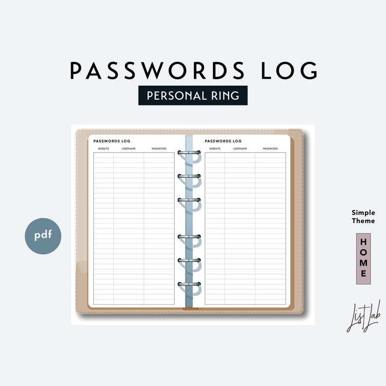 Personal Size PASSWORDS LOG Printable Ring Planner Insert pdf Simple Theme image 1