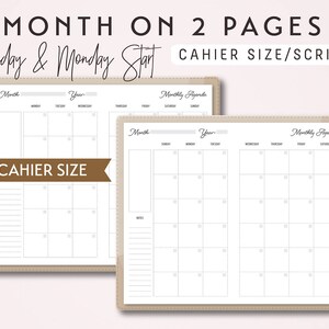 CAHIER Size TN Month on 2 Pages - Sunday Start and Monday Start - Printable Traveler's Notebook Insert - Script Theme