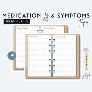 Persoonlijke grootte MEDICIJNlogboek en symptomen Trackers - afdrukbare ringplanner invoegen pdf - eenvoudig thema