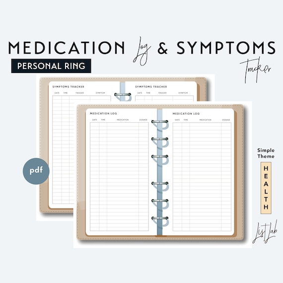 personal size medication log and symptoms trackers printable etsy