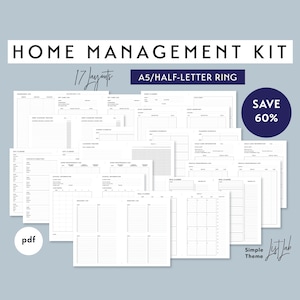 KIT DE GESTIÓN DEL HOGAR tamaño A5 (media carta) para agenda de anillas o discos - PDF imprimible - Tema simple - 17 diseños