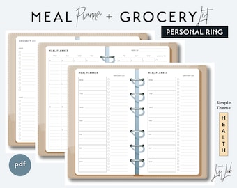 Personal Size MEAL PLANNER and GROCERY List - Printable Ring Planner Insert pdf - Simple Theme