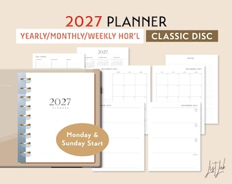 2027 CLASSIC Disc Yearly Monthly Weekly Wo2p HORIZONTAL Printable Discbound Planner Insert Set BLANK Style