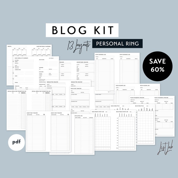 Personal Size BLOG KIT for Ring Planner - Printable PDF - Simple Theme - 13+ layouts