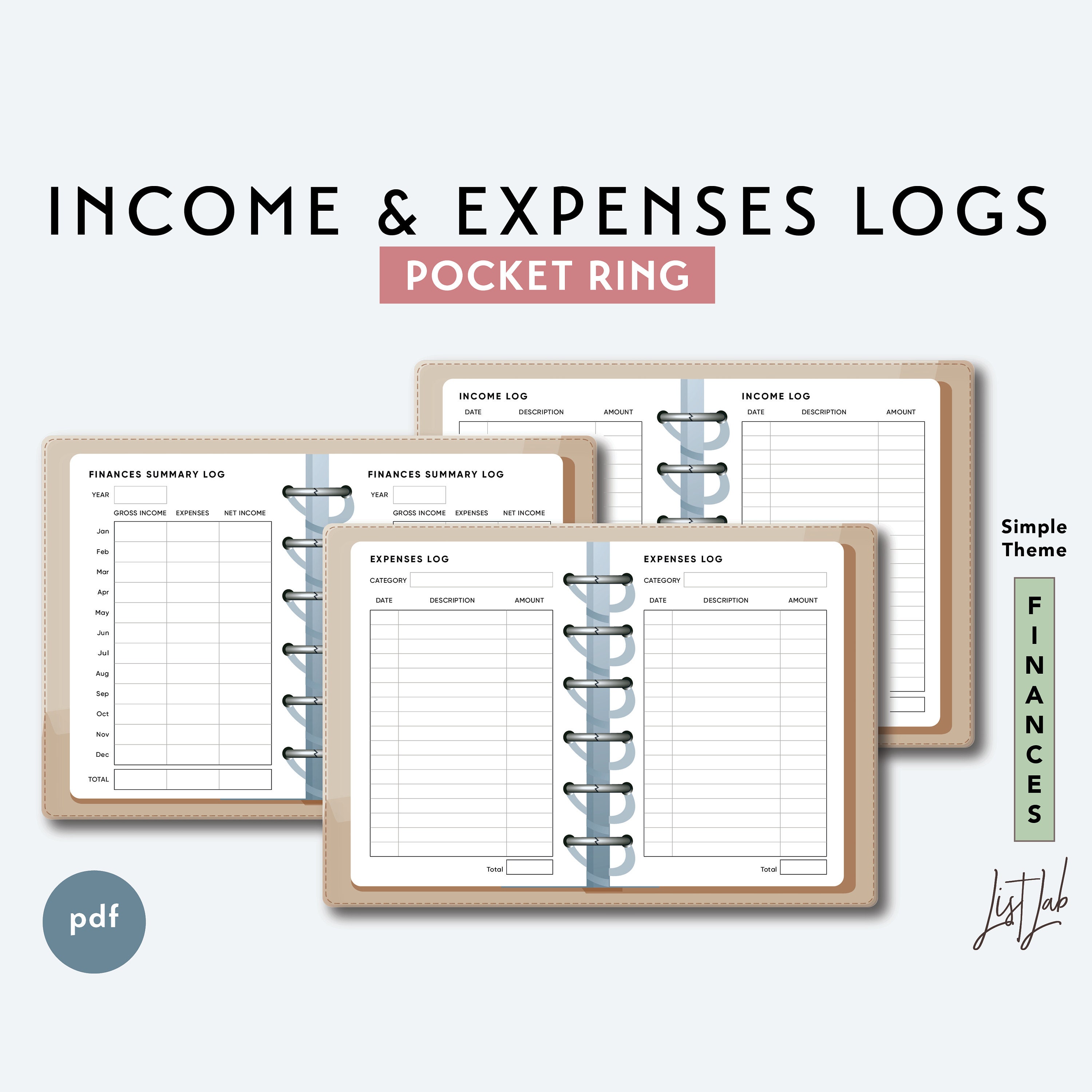 pocket ring income and expenses logs set printable ring etsy