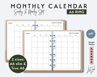 A6 Ring Month on 2 Pages Calendar - Printable Ring Planner Insert PDF - Simple Theme