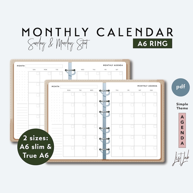 A6 Ring Month on 2 Pages Calendar Printable Ring Planner - Etsy