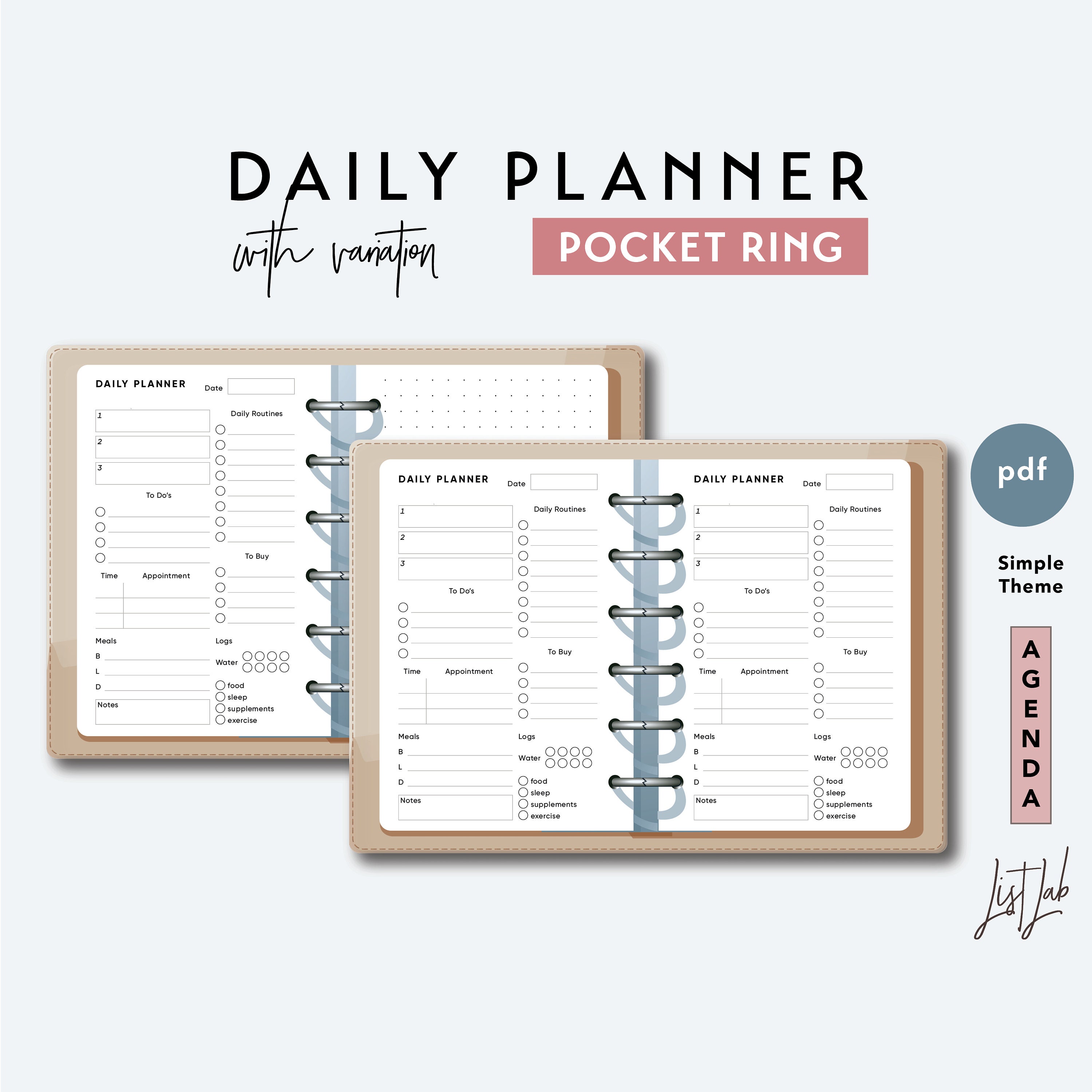 Pocket Ring DAILY PLANNER With Variation Printable Ring 