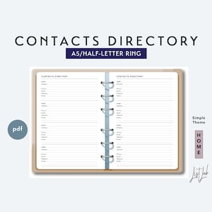 May include: A brown leather bound A5 size contact directory with a ring binder. The directory has a simple theme and is labeled "Contacts Directory" on the front cover. The text "Simple Theme" and "HOME" are printed on the right side of the directory.