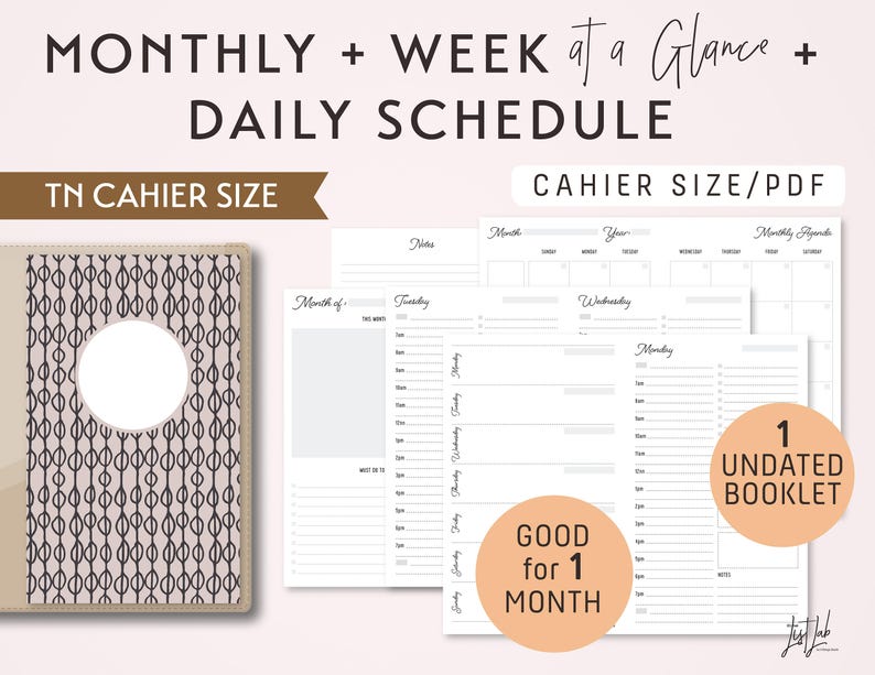 CAHIER Size Monthly-Weekly-Daily Schedule TN Printable Booklet Insert fits Traveler's Notebook CAHIER Size image 1