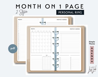 PERSONAL Size Month on 1 Page Set with Lists and Tracker - Printable Ring Planner Insert PDF - Simple Theme