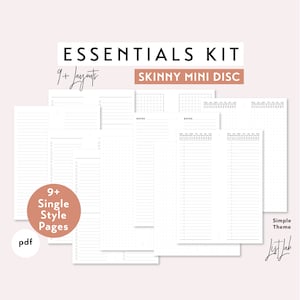 Puede incluir: Un conjunto de páginas de planificador imprimibles en un tema simple para un planificador skinny mini disc. Las páginas incluyen una variedad de diseños, como líneas, cuadrículas y cuadrículas de puntos. El texto "Essentials Kit" y "9+ Layouts" es visible en la parte superior de la imagen.