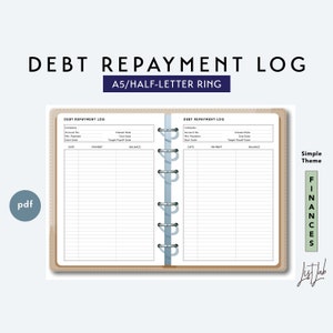 REGISTRO DE PAGO DE DEUDA A5 y media letra / Anillo imprimible / Planificador en disco Insertar pdf / Tema simple