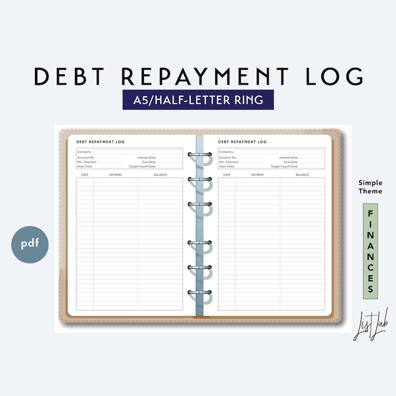 a5 and half letter debt repayment log printable ring planner insert simple theme letter of repayment
