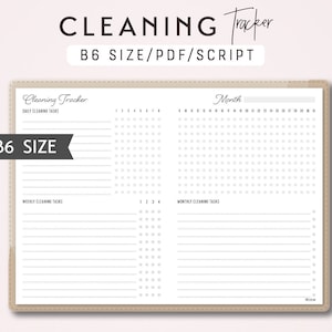 May include: A beige TN B6 size cleaning tracker with the words "CLEANING Tracker" at the top. The tracker includes sections for daily, weekly, and monthly tasks, with a grid for tracking. The text "B6 SIZE/PDF/SCRIPT" is also visible.