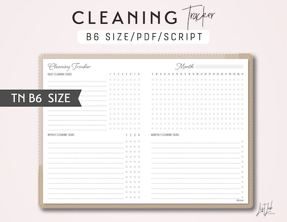 B6 TN Cleaning Tracker - Traveler's Notebook Printable Insert PDF - Script Theme