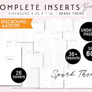 Könnte beinhalten: Ein Satz von 26 druckbaren Planer-Covern und über 36 druckbaren Planer-Seiten im Spark-Thema. Die Seiten sind undatiert und messen 11,76 x 17,78 cm. Der Text "COMPLETE INSERTS Bundle" und "MINI DISCBOUND - 4.63X7IN" ist auf dem Bild sichtbar. Der Text "UNDATED PAGES" und "SAVE 60%" ist ebenfalls auf dem Bild sichtbar.