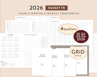 Pocket TN 2026 GRID Style Pre-arranged Printable Bundle - Weekly Wo2P Horizontal | Traveler's Notebook Predated 4 Booklets Insert Set