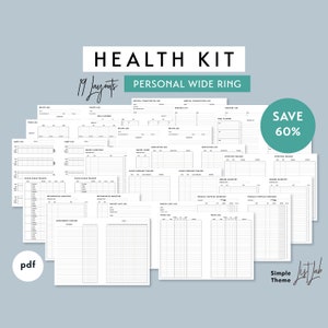 Personal Wide HEALTH KIT | Printable Minimalist Ring Planner Inserts Set | pdf Simple 19 layouts, Meal Planner, Food Exercise, Medical Logs
