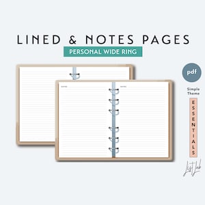 PERSONAL WIDE Notes and Lined Pages Set - Printable Ring Planner Insert PDF - Simple Theme