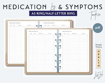 A5 and Half-Letter Medication and Symptoms Tracker Set - Printable  Ring /Discbound Planner Insert - Simple Theme