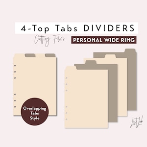Könnte beinhalten: Vier beige und braune Tab-Teiler für einen persönlichen breiten Ringordner. Die Tabs sind so konzipiert, dass sie sich überlappen und einen geschichteten Effekt erzeugen. Der Text "Cutting Files" und "PERSONAL WIDE RING" ist im Bild sichtbar.