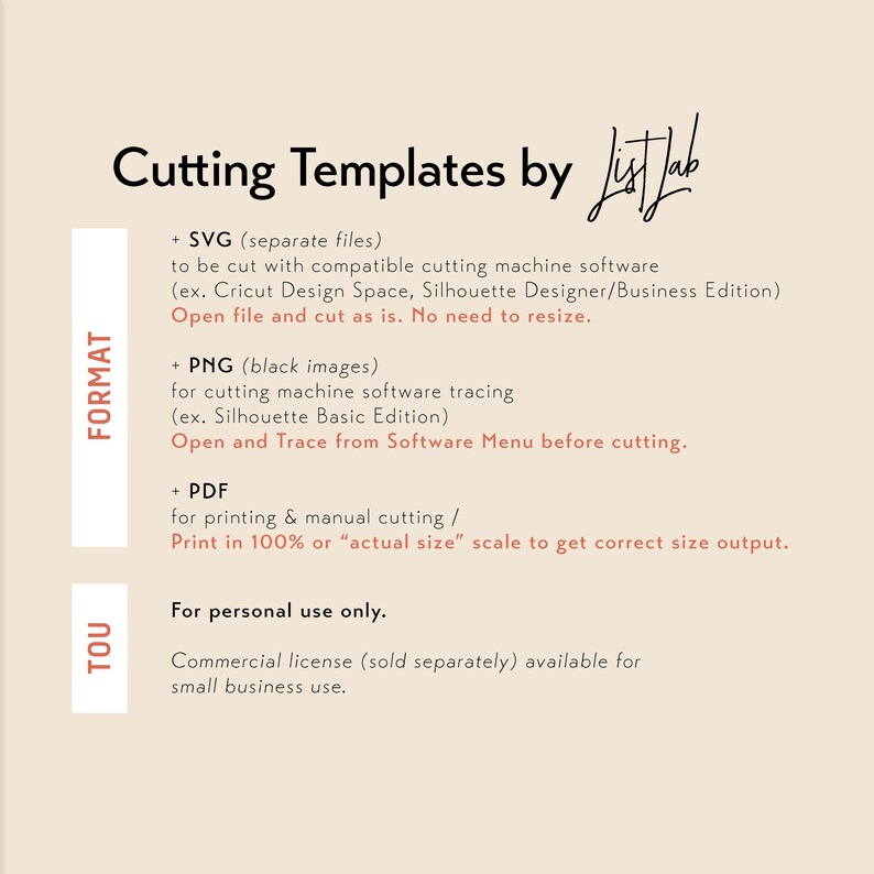 May include: Cutting templates for craft projects in SVG, PNG, and PDF formats.  The text says "Cutting Templates by List Lab".  The text also says "For personal use only. Commercial license (sold separately) available for small business use."