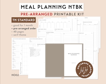 Standard TN MEAL PLANNING Notebook Pre-arranged Printable Kit | Traveler's Notebook Insert Set HO02