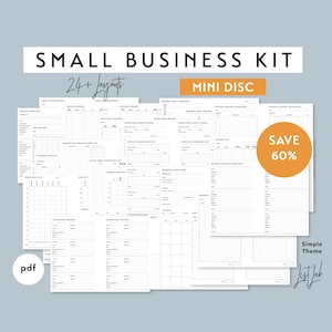 May include: A white and black small business kit with 24+ layouts, a mini disc, and a simple theme. The kit includes various trackers and logs, with a "Save 60%" orange circle. The PDF file is visible in the bottom left corner.