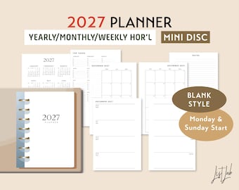 2027 Mini Disc Yearly Monthly Weekly Wo2p Horizontal BLANK Style Printable Discbound Planner Insert Set, DIY Planner