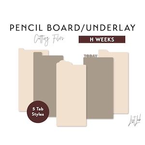 May include: Five different styles of printable planner tabs for a half-week planner. The tabs are beige and brown and have a "TODAY" tab. The text "Cutting Files" and "H WEEKS" are at the top of the image. The text "5 Tab Styles" is at the bottom of the image.